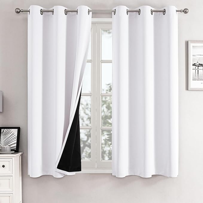 ChrisDowa White 100% Blackout Curtains for Bedroom with Black Liner, 2 Thick Layers Total Blackout Thermal Insulated Grommet Window Curtains 2 Panels Set (Pure White, 42 x 63 Inch)