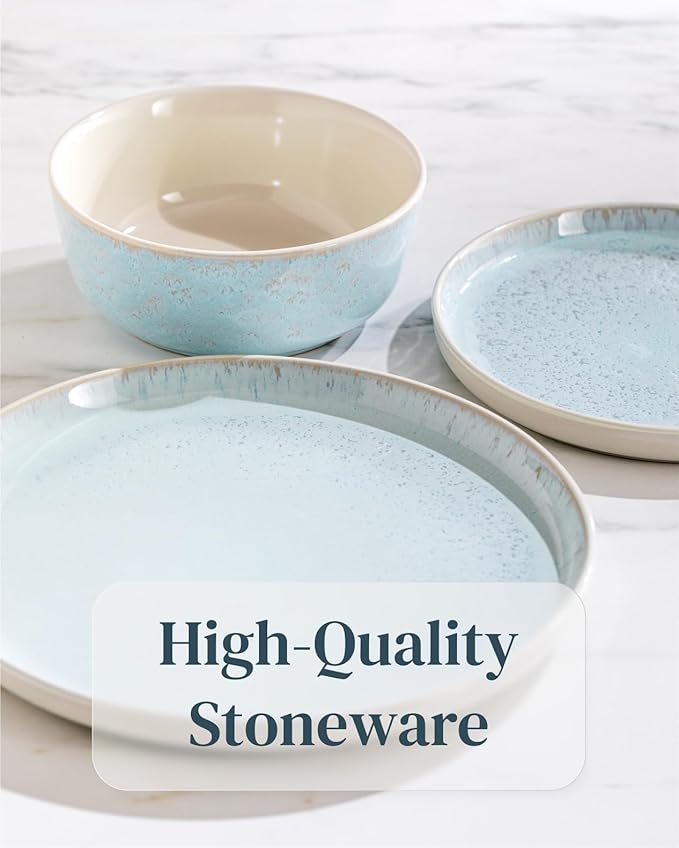 12 Piece Dinnerware Sets for 4 - Modern Style Stoneware Dinnerware Set - Scratch Resistant, Dishwasher, Microwave Safe Plates and Bowls Sets Ceramic, Bowl and Plate Set - Beige and Light Blue…