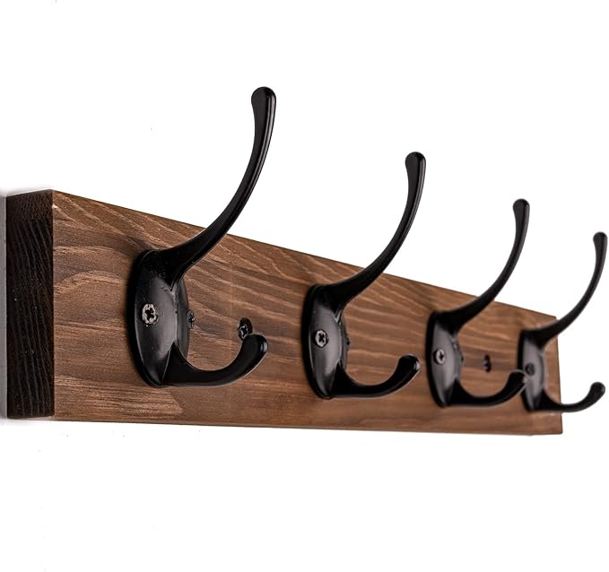 Coat Hooks Wall Mounted, Wooden Hat Rack with 4 Hooks for Entryway, Bathroom,Bedroom(Brown)