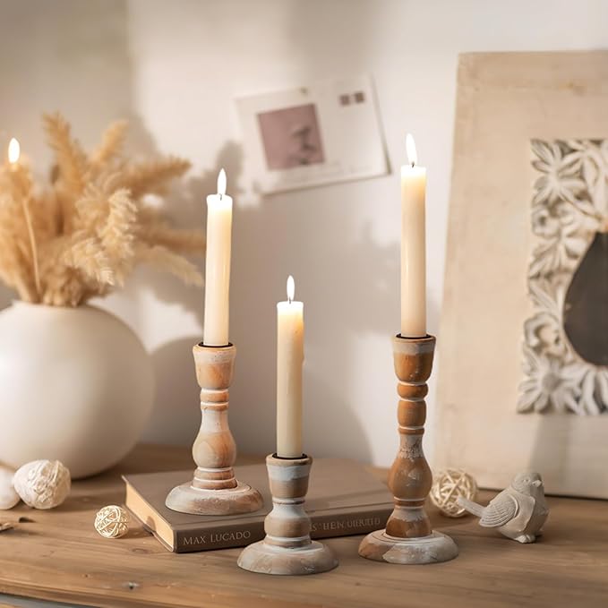 Wooden Candlestick Holders Rustic: Farmhouse Wood Taper Candle Holders Boho Candle Sticks Holder Fall Decor for Dinning Table Mantle Party Holiday Christmas Wedding Home Set of 3