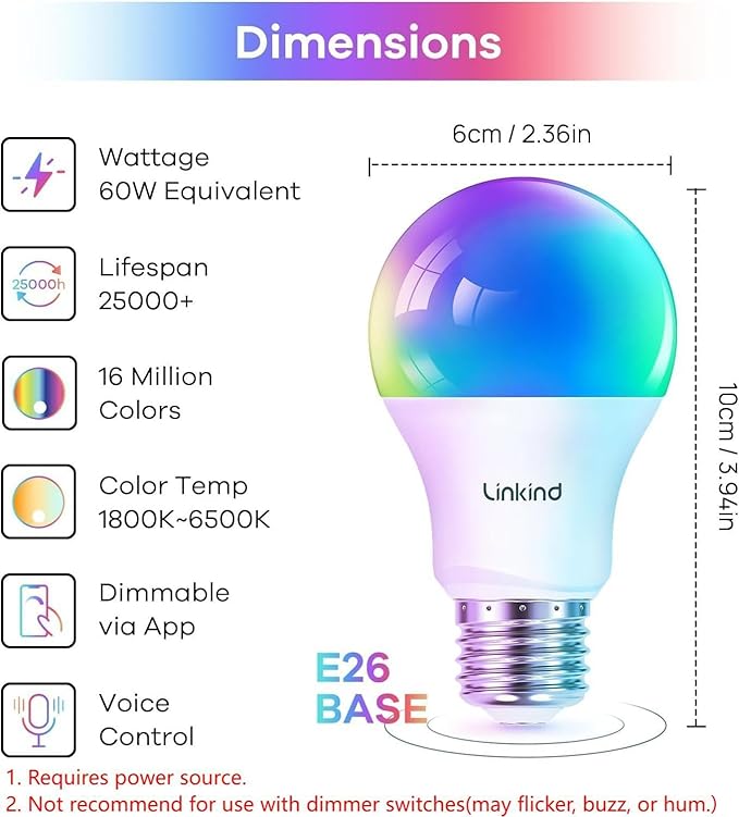 Linkind Smart Light Bulbs with Remote Control, Smart Bulb That Work with Alexa & Google Home, 16 Million Color Changing Light Bulbs 60W, A19 E26 2.4Ghz WiFi Light Dimmable,1800K-6500K,800lm 4 Pack