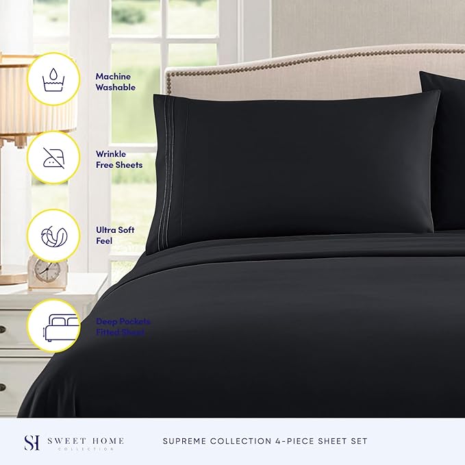 Twin Sheets - Breathable Luxury Sheets with Full Elastic & Secure Corner Straps Built In - 1800 Supreme Collection Extra Soft Deep Pocket Bedding Set, Sheet Set, EXTRA DEEP pocket - Twin, Black