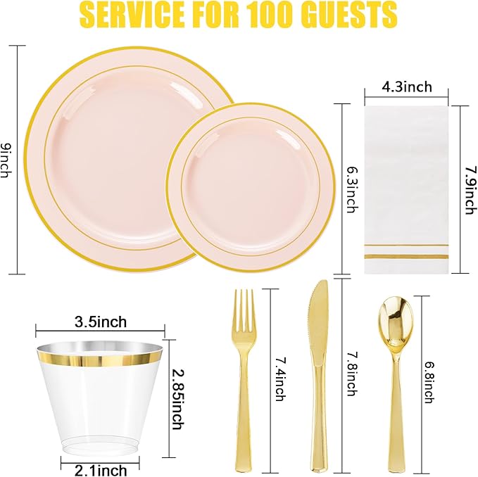 GATHER 700PCS Pink Plastic Plates - Gold Rim Disposable Plastic Dinnerware Set Include 200 Pink Plates, 300 Silverware, 100 Napkins, 100 Cups for Party & Wedding