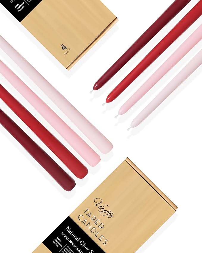 Viyffo Taper Candles 12 Inch 4 Pack Red, 9 Hour Burn Unscented Dripless & Smokeless Decorative Candles for Dinner, Wedding & Home Decor