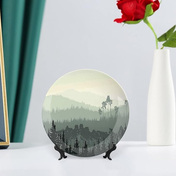 XISUNYA 10 Inch Decorative Plate, Landscape Tableware Plate, Panorama of Valley and Misty Forest of Pine Trees Print Ornament Display Plate Decor Accessory for Dining, Parties, Wedding