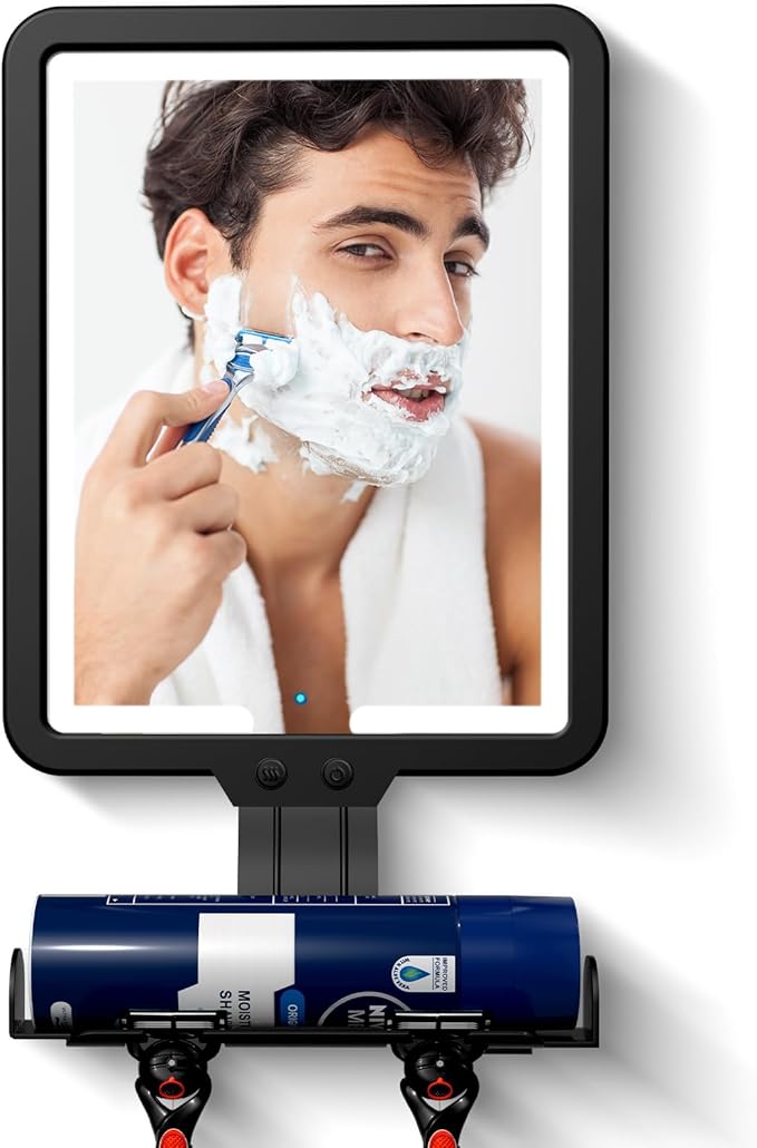 Shower Mirror Fogless for Shaving, Heated Shower Mirror with 3 Color Lights Dimming 9.5*8inch Shower Shaving Mirror, Lighted Shower Mirror Large Antifog Shaving Mirror with Storage Tray & Razor Holder
