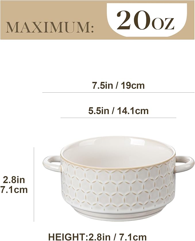 MALACASA 20 oz Ceramic Soup Bowls with Handles, Set of 4 – Oven & Microwave Safe French Onion Soup Bowls, Unique Embossed Patterns, Dishwasher Safe for Soups, Stews & Desserts, Series LYDIA
