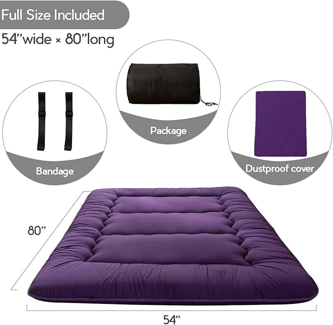 MAXYOYO Japanese Floor Mattress Futon Mattress, Thicken Sleeping Pad Foldable Roll Up Floor Futon for Adults Tatami Mat Dormitory Bed Lounger, Purple, Full Size