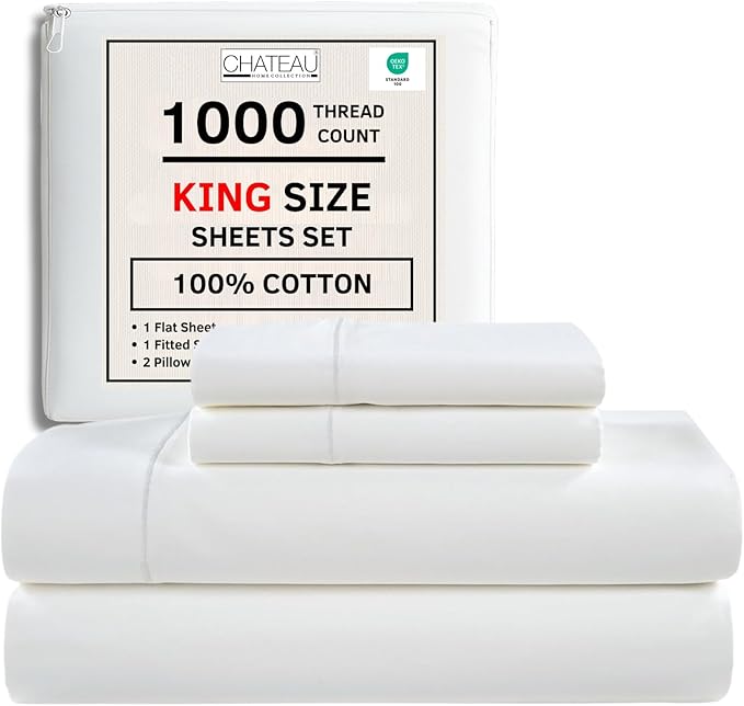 CHATEAU HOME COLLECTION 100% Cotton King Size Sheets Set - 1000 Thread Count Luxury Sateen Weave, Soft Breathable & Cooling, 15" King Sheets Deep Pocket - White