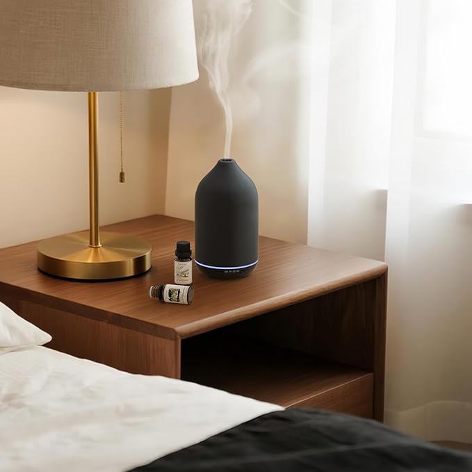 SALKING 200ml Ceramic Diffuser, Stone Essential Oil Diffuser, Ultrasonic Aromatherapy Diffusers with 7-Color LED Lights Timers, for Office Bedroom Home (Black)