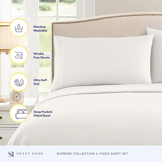 1800 Thread Count Sheet Set – Soft Egyptian Quality Brushed Microfiber Sheets – Luxury Bedding Set with Flat Sheet, Fitted Sheet, Pillow Cases, King, Ivory, Sheet Set