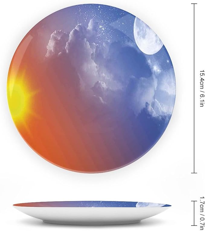6 Inch Decorative Plate, Macrocosm Dinner Plate, Full Moon Sun Clouds Cycle of the Galaxy Sacred Movement Print Ceramic Wall Hanging for Fine Dining For Upscale Events, Dinner Parties, Weddings