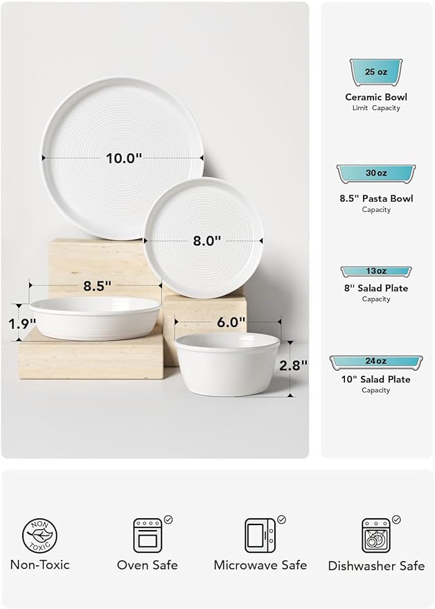 LE TAUCI 16-Piece Ceramic Dinnerware Set with Pasta Bowls (30 oz), Service for 4 – White Farmhouse Plates & Dishes (10" Dinner, 8" Salad, 6" Bowls, 8.5" Pasta) for Housewarming, Wedding Registry Gift