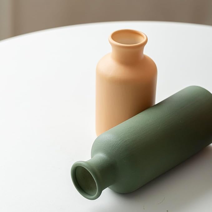 Modern Ceramic Vase Set of 3, Neutral Colors, Decorative Bottles for Home, Farmhouse Rustic Decor (Green Mix)