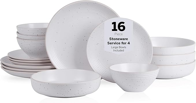 Stone Lain Lauren Stoneware, Rustic Plates and Bowls Set, Dinnerware, Service for 4, Speckled Off White, Dishwasher & Microwave Safe, 16-Piece