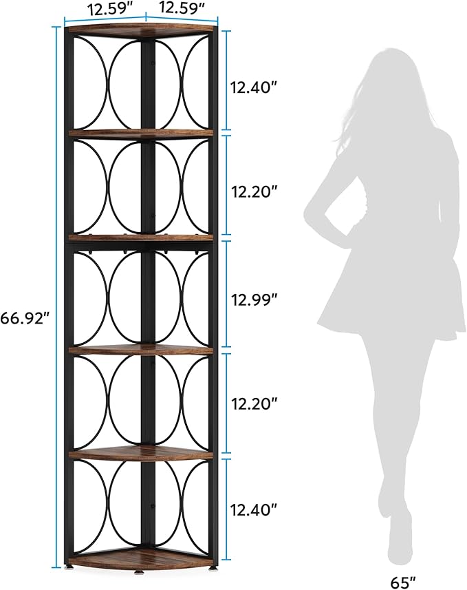 Tribesigns 67 inch Tall Corner Shelf, 6 Tier Rustic Corner Bookshelf Bookcase Storage Rack Standing Shelving Unit for Living Room, Small Space