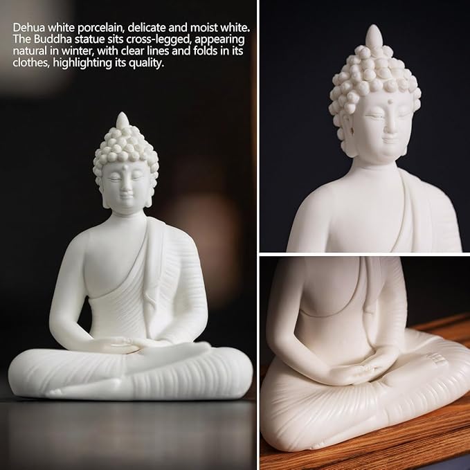 Shakyamuni Buddha Ceramic Statue Indoor Backflow Incense Burner with Led Ring Light，Meditation Decoration for Home and Office, Suitable for Cone and Stick Incense