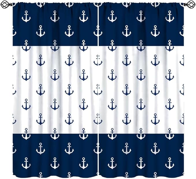 Anchor Pattern Curtains, Nautical Theme Navy Blue White Anchor Sea Life Adventure Print Blackout Window Treatments for Living Room Boys Men's Bedroom 55x63in