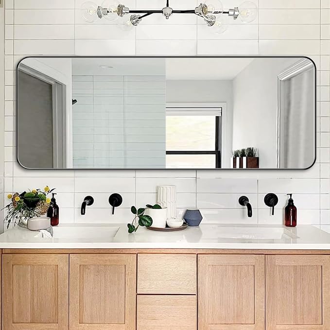 ANDY STAR 18" x 48" Full Length Wall Mirror, Large Black Mirror for Bathroom, Rounded Corner Rectangle Body Mirror for Floor and Leaning