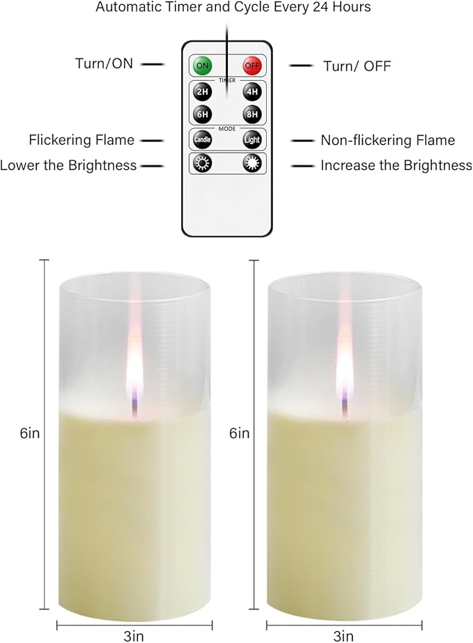 Flameless Candles Upgraded Realistic Flickering Flame,Battery Operated LED Candles with Remote Timers,Acrylic Electric Candles Set of 2(D 3" xH 6" 6")（Ivory）