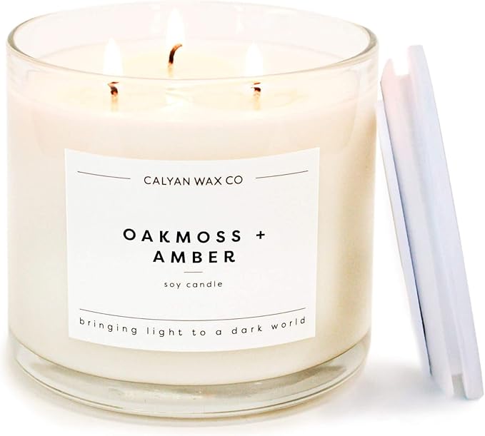 Calyan Wax Co. 3 Wick Candle, Oakmoss + Amber Scented Candle, 43 Hour Burn Time, 3 Wick Soy Candles, Non Toxic & Vegan Soy Wax, Glass Jar Scented Candles, 14.9oz