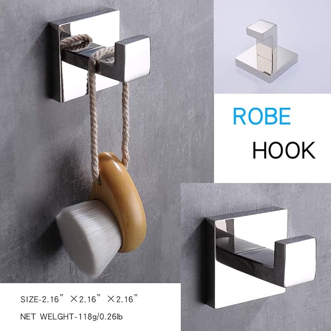 TASTOS Bath Towel Hooks Premium Stainless Steel Robe Coat and Clothes Hook, Heavy Duty Square Wall Mounted Modern Hook for Bathroom & Kitchen, Polished Chrome Finish, 2Pack