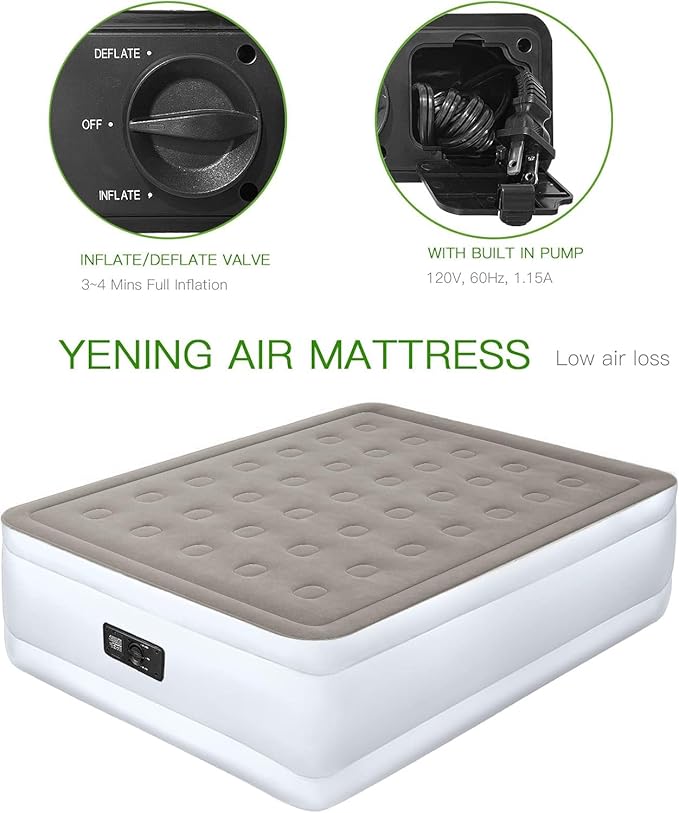 YENING Full Size Air Mattress with Built in Pump Raised Double Blow up Bed Inflatable Camping Airbed Electric 18 Inch Tall Grey