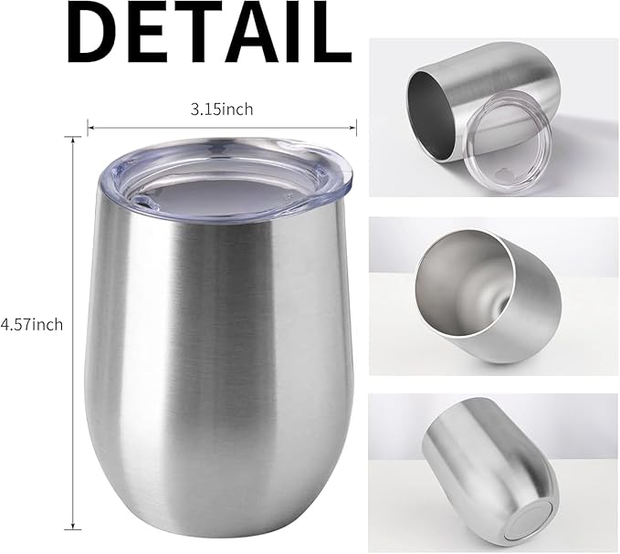 12oz/6 Pack Wine Tumbler Glasses with Lid Stemless Double Wall Vacuum Stainless Steel Travel Tumbler Keeping Cold & Hot for Wine,Coffee,Cocktails,Christmas Drinks-Family and Gifts (Silver & Rose Gold)