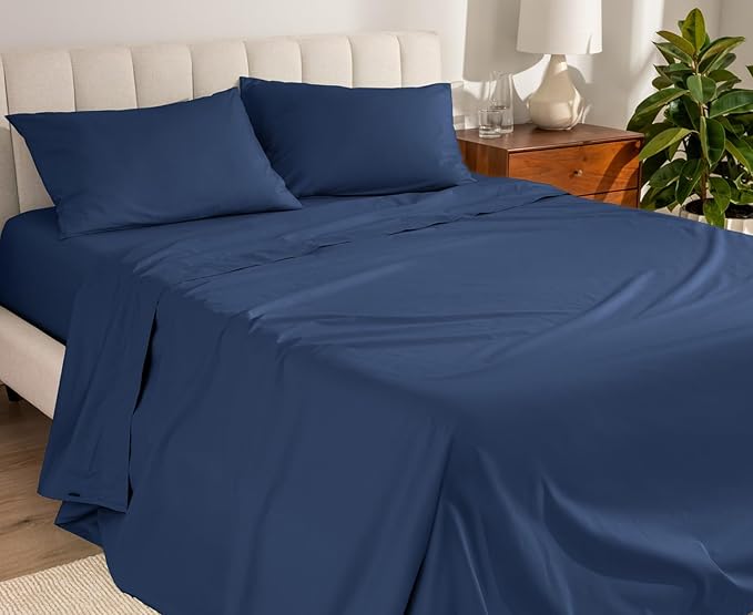 Bare Home 100% Organic Cotton Queen Sheet Set - Crisp Percale Weave - Lightweight & Breathable - Bedding Sheets & Pillowcases (Queen, Dark Blue)