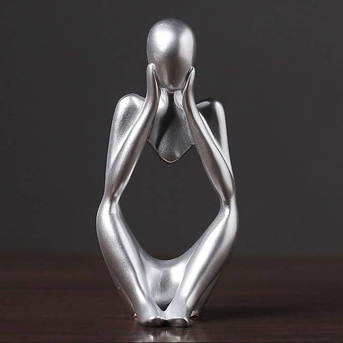 Thinker Statue Decor, Abstract Resin Sculpture – Modern Art Figurine for Home, Office, Bookshelf, Desk Decoration | Meaningful Housewarming, Birthday, Graduation Gift (Silver)