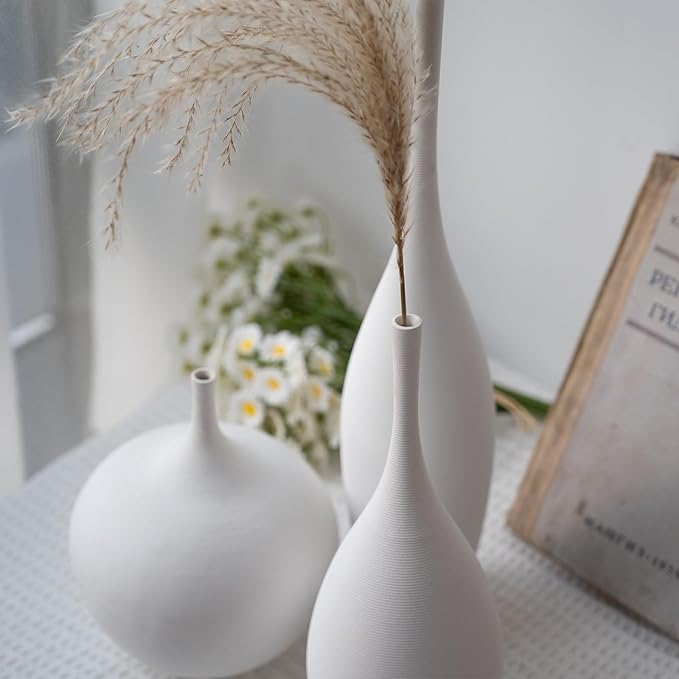 White Ceramic Vase Modern Boho Wabi-Sabi Flower Vase Set of 3 Decorative Aesthetic Vases for Centerpieces Pampas Matte Minimalist Vases for Living Room Table Shelf Home Decor Gift