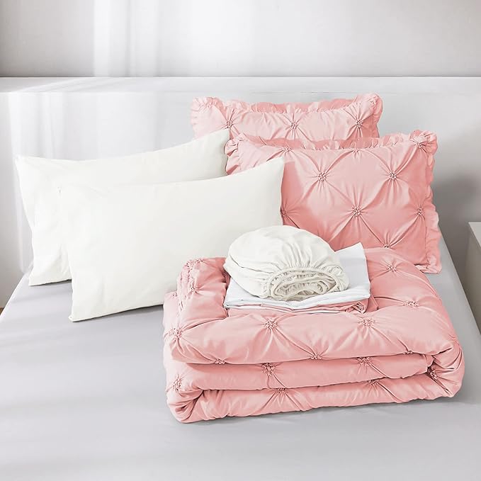 JOLLYVOGUE Pink/Ivory Cal King Size Comforter Sets 7 Pieces, Pintuck Bed in a Bag Comforter Set for Bedroom, Bedding Comforter Sets with Comforter, Sheets,Ruffled Shams & Pillowcases