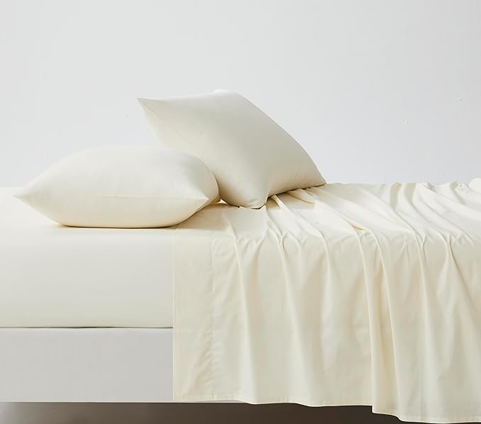 Linen Closet Organic 100% Cotton Twin XL Bed Sheet 3 Pcs Set– Fresh Ivory Crisp Percale, Deep Pocket up to 16” – Lightweight, Breathable & Naturally Cooling – Ideal for College Dorm, Soft & Comfy
