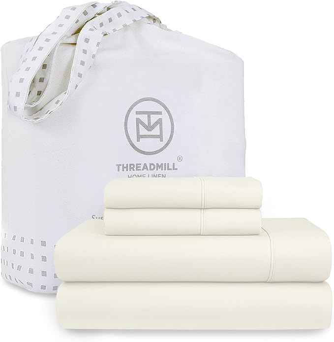 Threadmill 100% Cotton Sheets for King Size Bed | 4 Pc King Bed Sheets Set | Soft, Breathable Lightweight Solid Sateen for All-Season Use | Snug Fit Elastic Deep Pocket King Sheets | Ivory