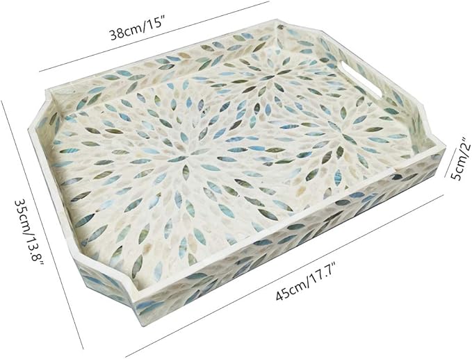 i-lan Mother of Pearl Inlay Serving Tray with Handles for Cocktail Ottoman,Coffee Table,Large Polygon Vintage Handcrafted Wooden Decorative Tray for Party, Food Serving, Breakfast, Dinner, Appetizers