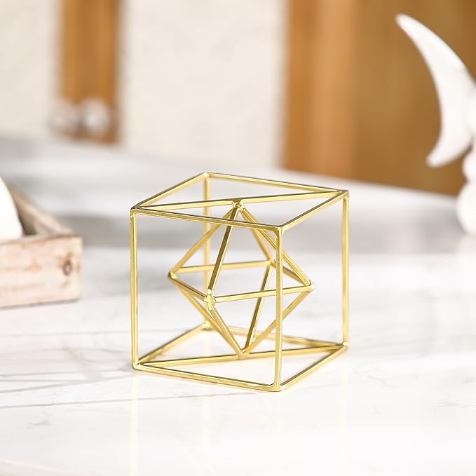 Gold Metal Geometric Sculpture Orb, 4.72" Modern Square Abstract Decorations Objects, Iron Golden Spheres Decorative Balls for Home Office Table Bookshelf Living Room Bedroom Desk Decor