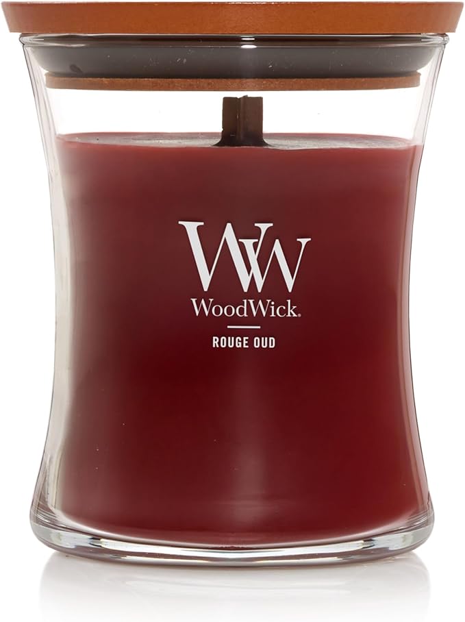WoodWick Rouge Oud Medium Hourglass Candle, Crackles as it Burns, Up to 65 hrs Burn time, Perfect for Gifting, 9.7 oz