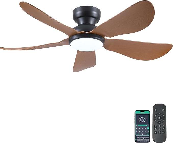46 Inch Modern Ceiling Fans with Lights, Flush Mount Ceiling Fan with Light and Remote/APP Control, 5 Reversible 6 Speeds Curved Blades, 3 CCT Dimmable Lights for Kids Room, Brown