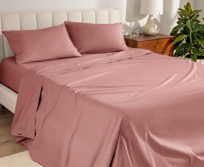 Bare Home 100% Organic Cotton Twin Sheet Set - Crisp Percale Weave - Lightweight & Breathable - Bedding Sheets & Pillowcases (Twin, Dusty Rose)