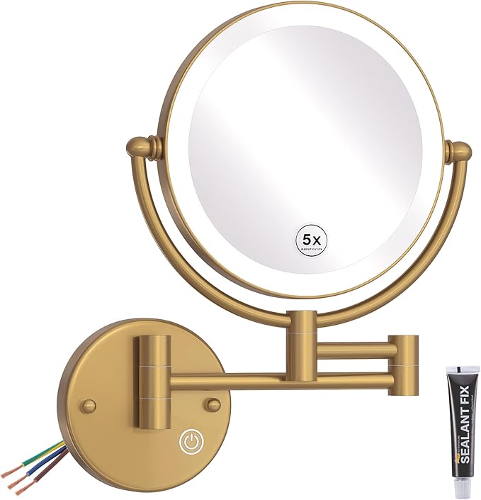 Hardwired Lighted Magnifying Makeup Mirror Wall Mount Gold, 1/5X Double Sided Vanity Mirror Bathroom, Touch Dimming, 360 Rotation Extension Arm Shaving Light up Mirror, Brushed Moderne Brass