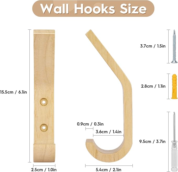 Wooden Coat Hooks Wall Hooks,Natural Oak Wood Hooks Decorative Vintage Wood Wall Hooks Organizer Heavy Duty Wall Mounted Hooks for Hanging Coats, Key, Cap, Cup (4 Pack)