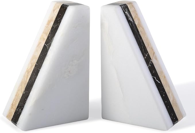 Marble Book Ends, Non-Skid Bookends for Shelves, Composite Bookend with Natural Marble, Heavy Duty Book Stopper, Collected CDs and Oversized Books Organizer, Gold & Black Decorative Bookends