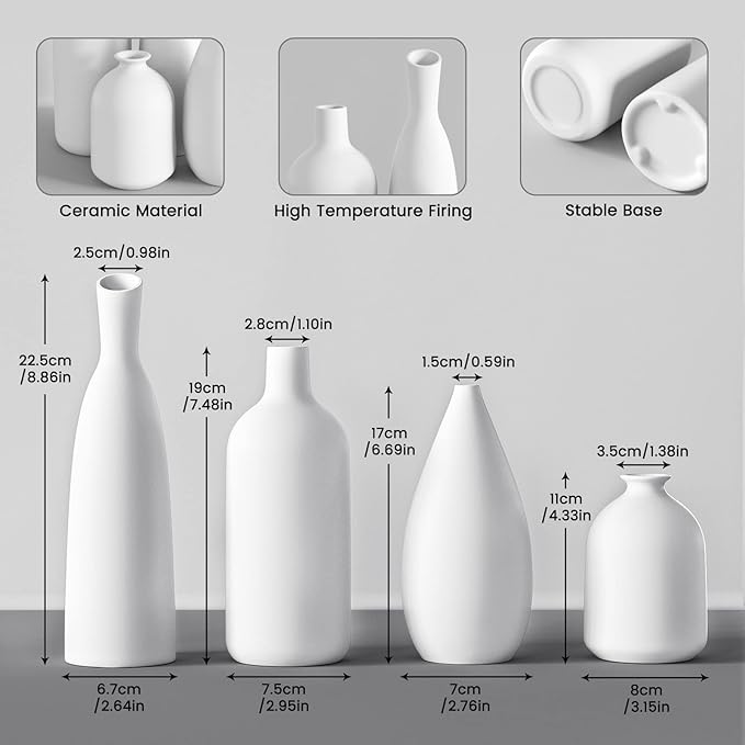 Ceramic Vases Set of 4 22 + 19 + 17 + 11 cm Height, Flower Vases Modern Home Decor, Large Modern Vases for Flowers Table Bookshelf Mantel Living Room Bedroom Office Wedding Party Gift
