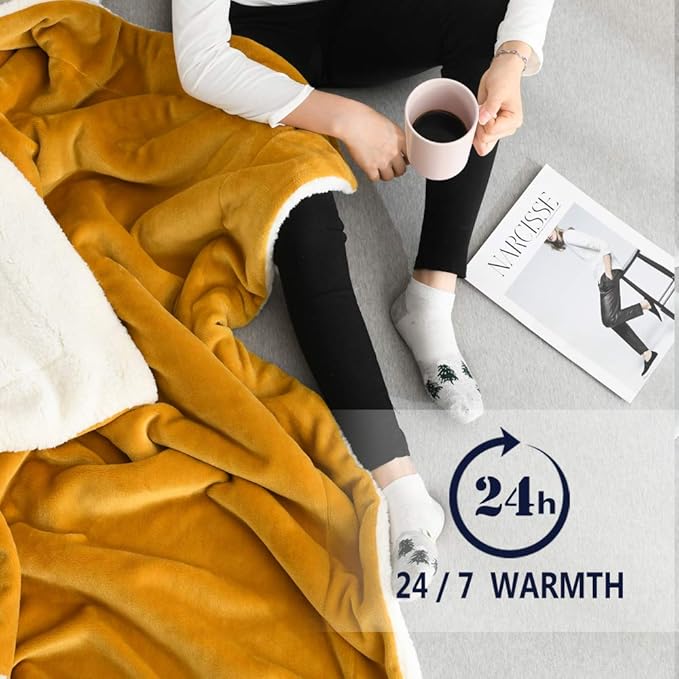 NANPIPER Throw Blanket Reversible Sherpa Flannel Blanket Ultra-Soft Plush Warm Fleece Microfiber for Bed/Couch Decorative Lightweight(50"x60",Ginger Yellow)