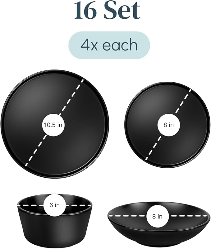 Stoneware dinnerware set 4 persons 16 pcs – Matte black ultra chic plates and bowls set – Dishwasher and microwave safe – Bowl and plate set – Dinner service Pure Living
