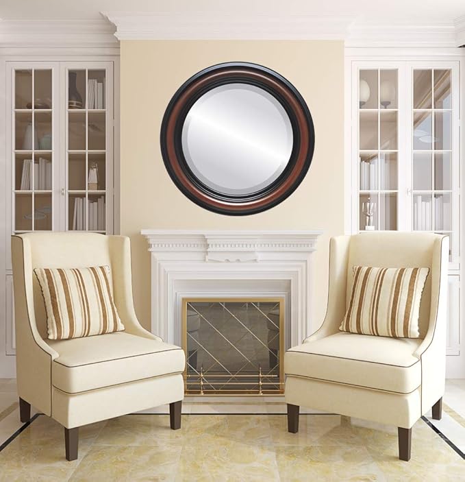 OVALCREST Round Beveled Wall Mirror for Home Decor - Philadelphia Style - Rosewood - 34x34 Outside Dimensions