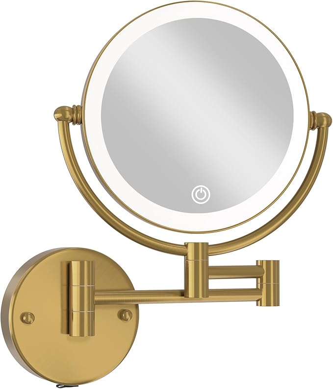 8” Wall Mounted Makeup Mirror 1X/10X Magnification, Rechargeable 2 Sided Touch Dimming with LED Lights 360 Swivel Extendable Arm Shaving Mirror, Brushed Moderne Brass
