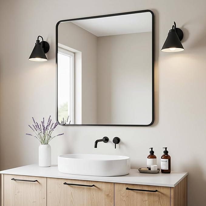 30"x30" Bathroom Wall Mirror with Matte Black Metal Frame & HD Glass, Copper-Free Mirrors Modern Rectangle Round Corner Framed Vanity Mirror - Horizontal or Vertical Installation