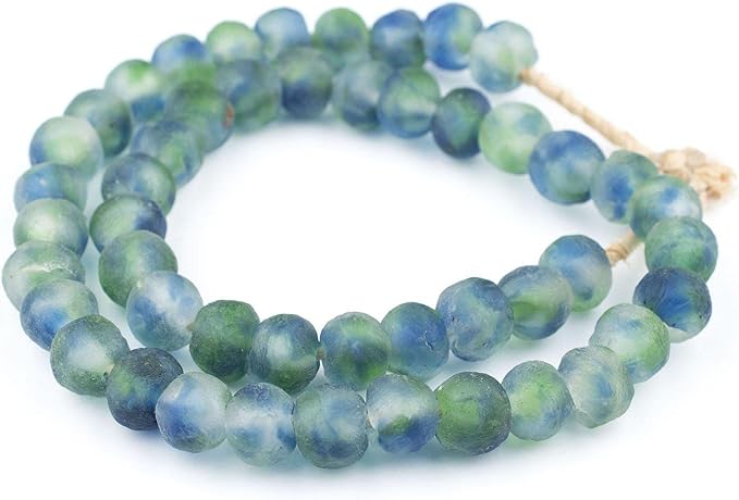 The Bead Chest Multicolor African Recycled Glass Beads 14mm – Blue, Green, White – Large Hole 25-Inch Strand, Handmade in Ghana for Jewelry Making & Crafts I Approximately 45 Beads