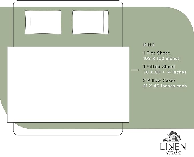 Linen Home 100% Cotton Percale Sheets King Size, Oil Green, Deep Pocket, 4 Pieces Set - 1 Flat, 1 Deep Pocket Fitted Sheet and 2 Pillowcases, Crisp Cool and Strong Bed Linen